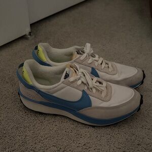 Nike Off-White and Light Blue Casual Runner Sneakers with Neon Lime Insole